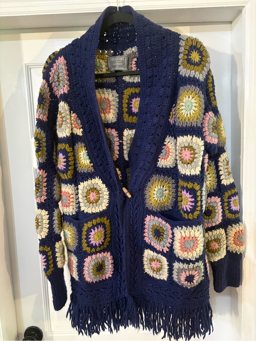 french knot sundance  wool granny square sweater sz L handmade Nepal